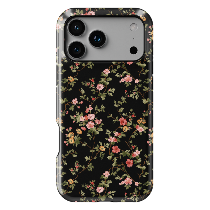Elegant black floral iPhone 17 case with vintage botanical flower pattern protective tough case for iPhone 17 Pro Max, iPhone 17 Pro, iPhone 16 Pro Max, iPhone 16 Plus dark floral aesthetic phone cover