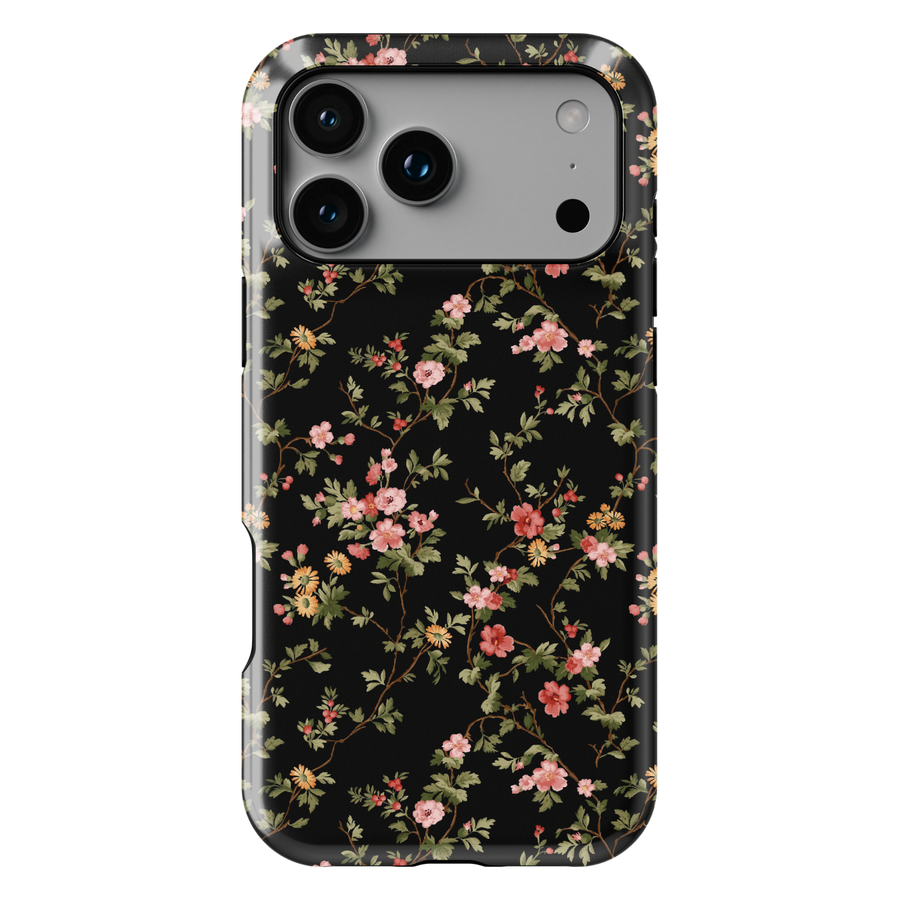 Elegant black floral iPhone 17 case with vintage botanical flower pattern protective tough case for iPhone 17 Pro Max, iPhone 17 Pro, iPhone 16 Pro Max, iPhone 16 Plus dark floral aesthetic phone cover