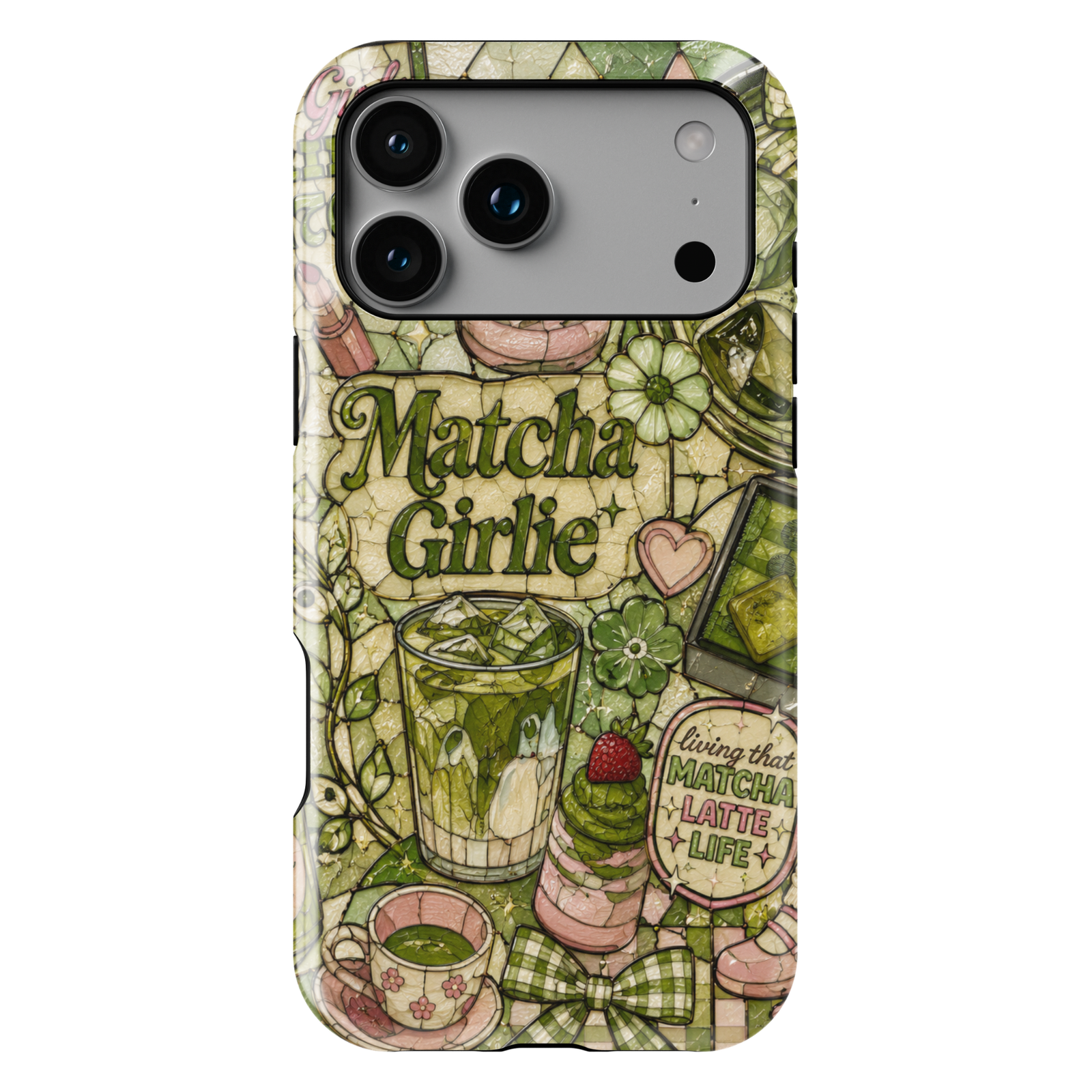 Cute matcha aesthetic iPhone 17 Pro Max case with green tea drinks, desserts, bows, and cozy cafe-inspired artwork.