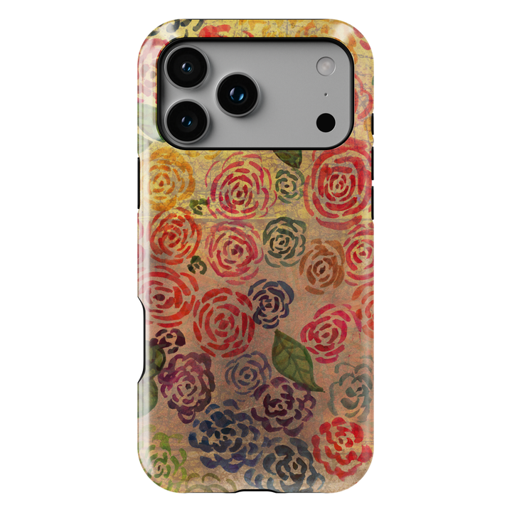 Vintage rose floral iPhone tough case with earthy tones, watercolor texture, and rustic botanical pattern