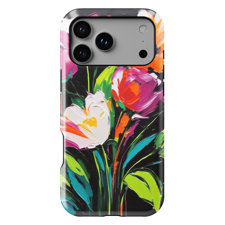Modern abstract floral iPhone case featuring vibrant colorful flowers with white blossoms on a dark artistic background.