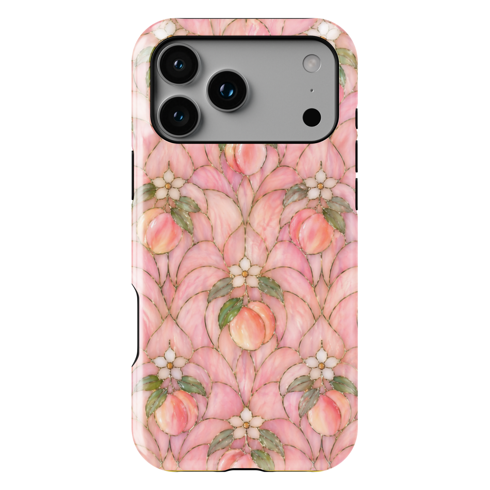 Peach floral iPhone 17 Pro Max case with soft pink petals, delicate blossoms, and orchard-inspired stained-glass design.