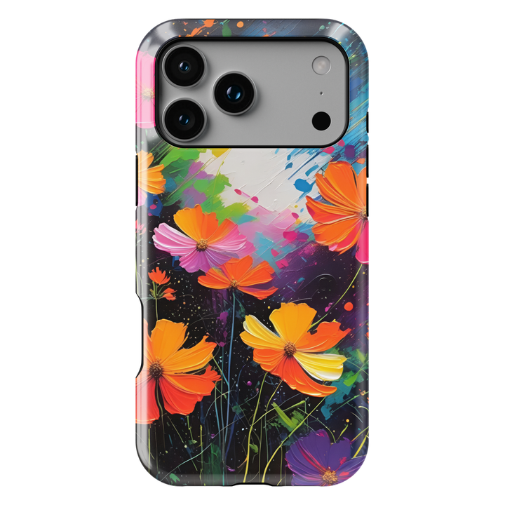 Abstract wildflower iPhone case featuring vibrant orange, pink, yellow, and purple flowers on a colorful artistic background.