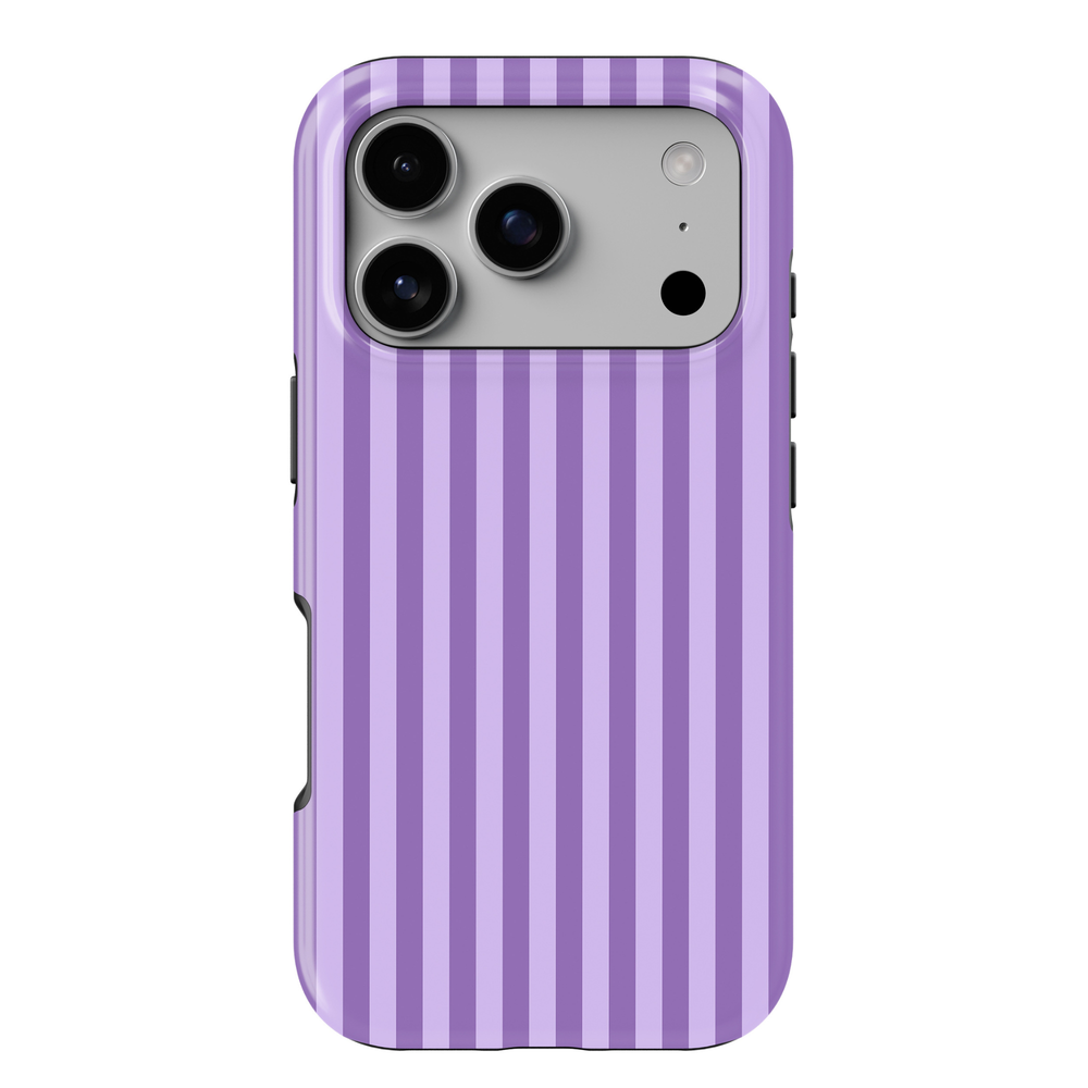 Lilac Theory purple striped iPhone 18 Pro Max MagSafe case with vertical lavender, lilac and purple stripes, a minimalist preppy tough iPhone 18 Pro phone case with feminine pastel aesthetic, protective design and MagSafe compatibility.