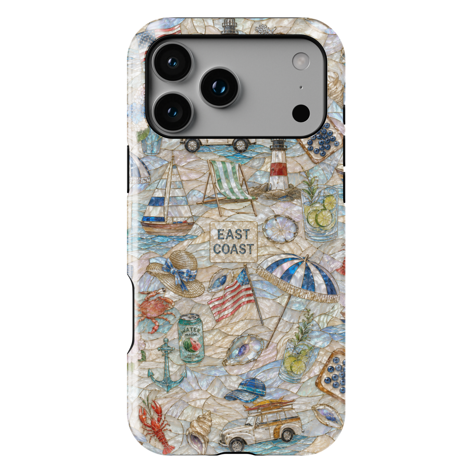 Beach-themed iPhone case featuring turquoise ocean waves, tropical palm trees, seashells, pearls, sandy shoreline, and coastal sunset artwork.
