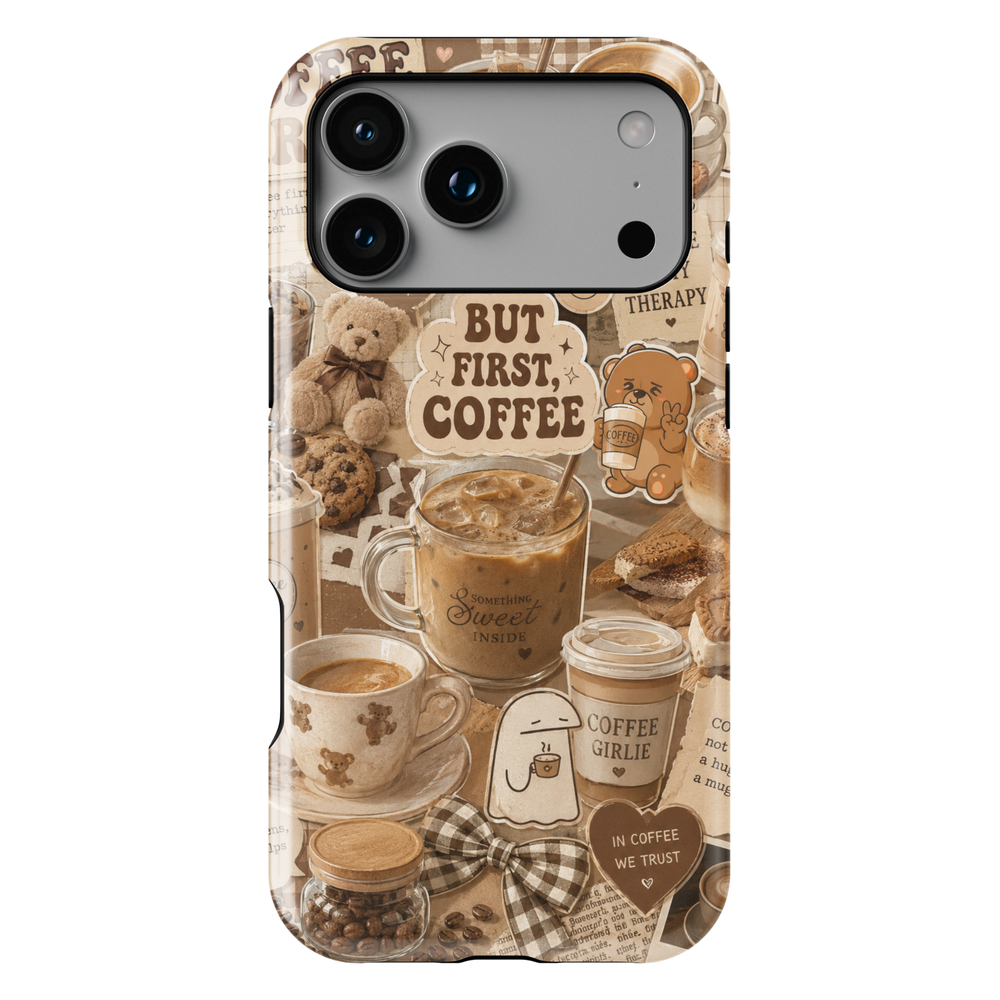 Cute coffee aesthetic iPhone 17 Pro Max case with lattes, coffee cups, bows, teddy bears, and cozy cafe-inspired artwork.