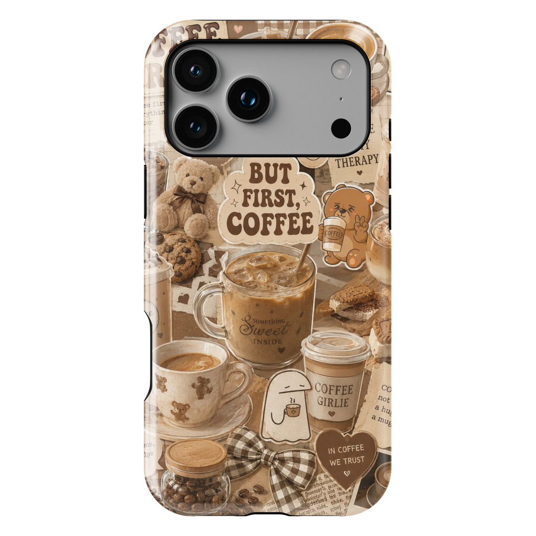 Cute coffee aesthetic iPhone 17 Pro Max case with lattes, coffee cups, bows, teddy bears, and cozy cafe-inspired artwork.