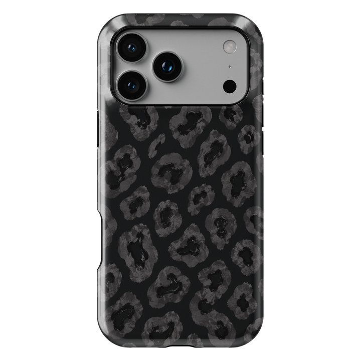 Black iPhone case leopards, botanical details and a luxurious black background.