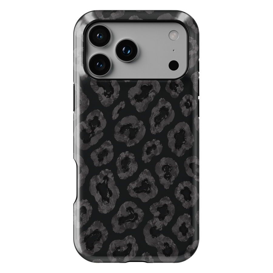 Black iPhone case leopards, botanical details and a luxurious black background.