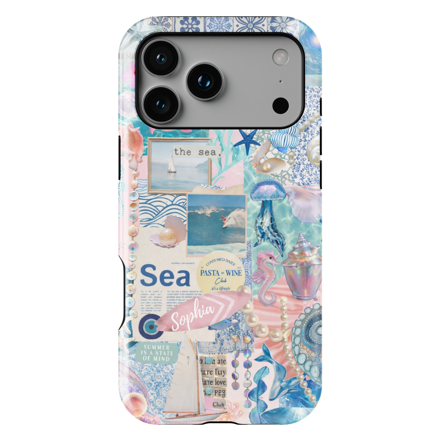 Ocean aesthetic phone case with seashells, pearls, and beach collage design for iPhone 17 Pro Max and Samsung Galaxy S26 Ultra.