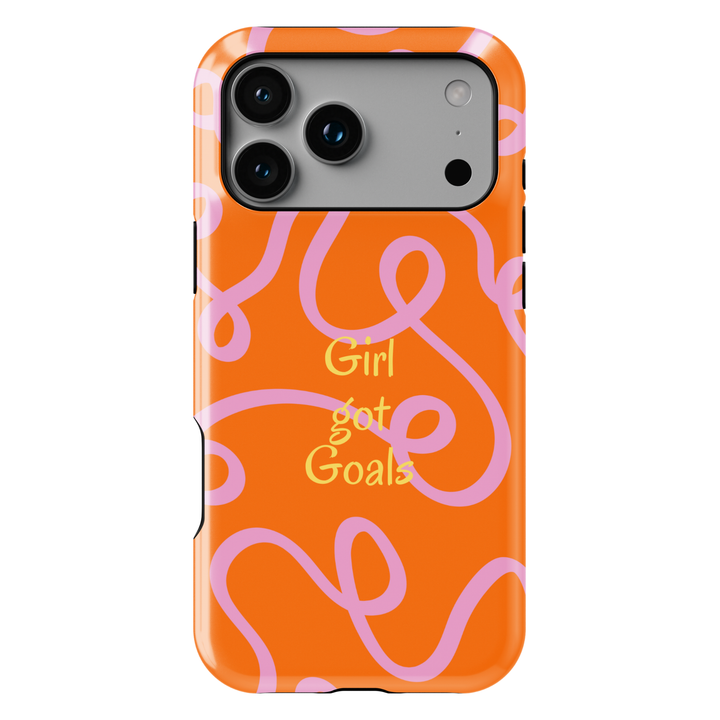 Orange aesthetic phone case with girl got goals quote, pink swirl abstract pattern iPhone 16 Pro Max case, Samsung Galaxy S26 Ultra S25 Ultra glossy protective cover for women