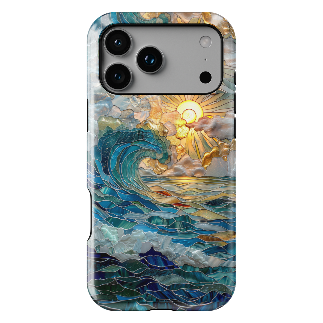 Ocean inspired stained glass art phone case with layered blue waves and golden sun on a protective iPhone and Samsung Galaxy phone case for women