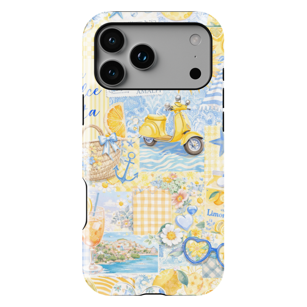 Italian summer Amalfi Coast collage iPhone 17 case with lemons, vespa scooter, coastal travel aesthetic protective tough case for iPhone 17 Pro Max, iPhone 17 Pro, iPhone 16 Pro Max, iPhone 16 Plus