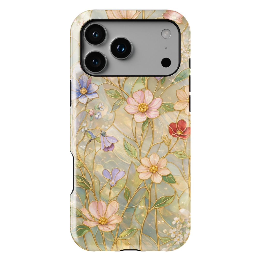 Elegant pastel floral phone case with gold botanical outlines and soft marble background, protective tough case for iPhone and Samsung Galaxy