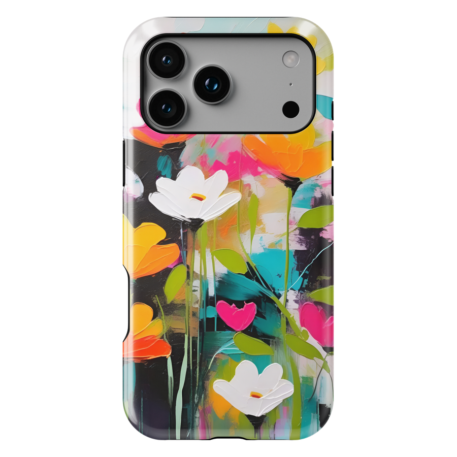 Modern abstract floral iPhone case featuring vibrant colorful flowers with white blossoms on a dark artistic background.