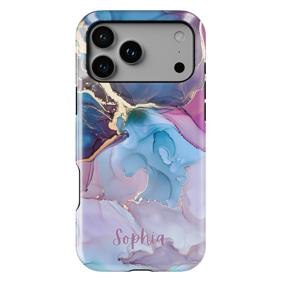 Personalized blue marble phone case with gold accents and custom name design