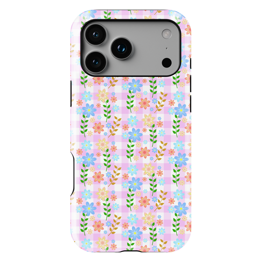 Pink gingham iPhone tough case with pastel flowers and green vines in a cute cottagecore pattern