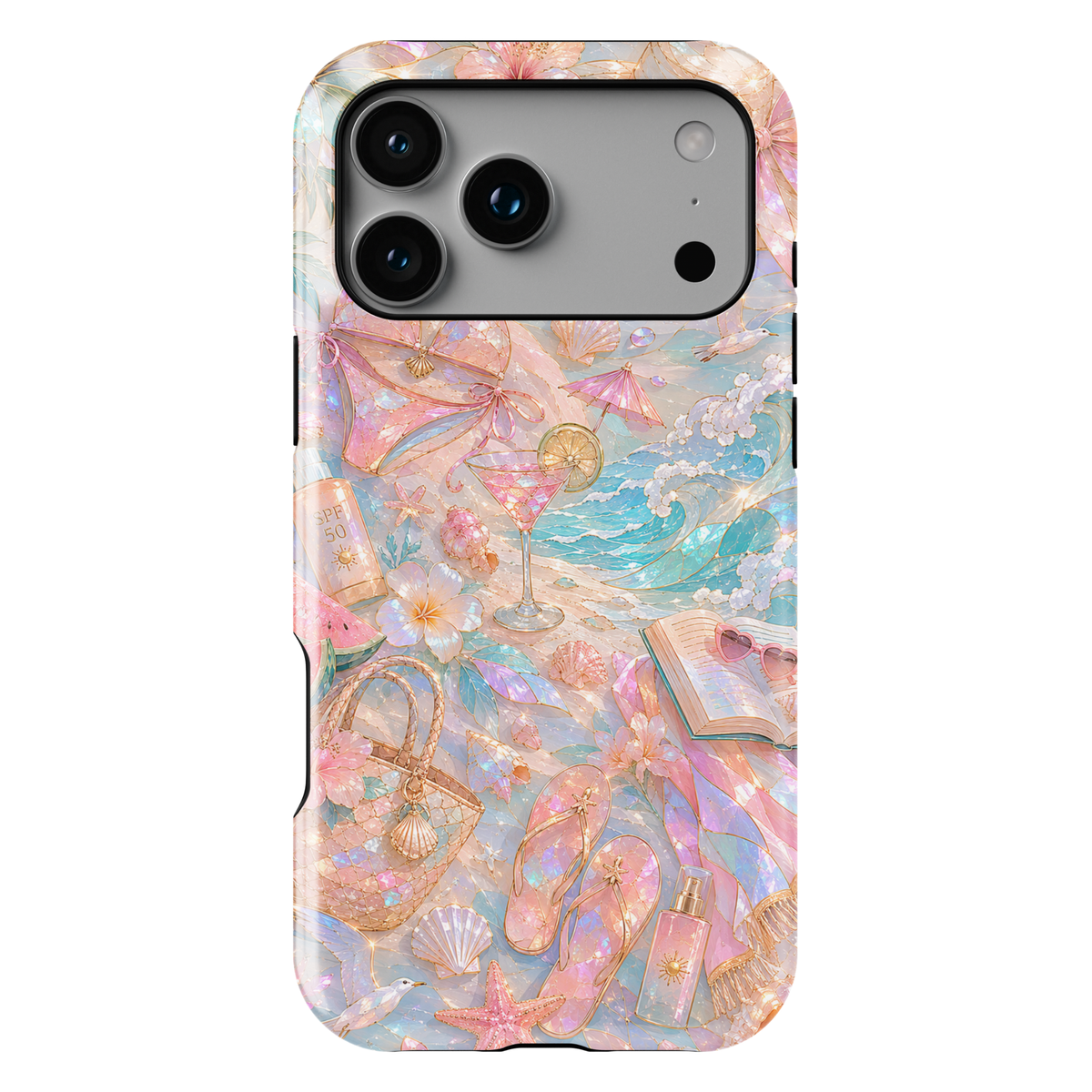Beach aesthetic iPhone 17 Pro Max case featuring ocean waves, seashells, tropical flowers, beach accessories, cocktails, and pastel coastal artwork.