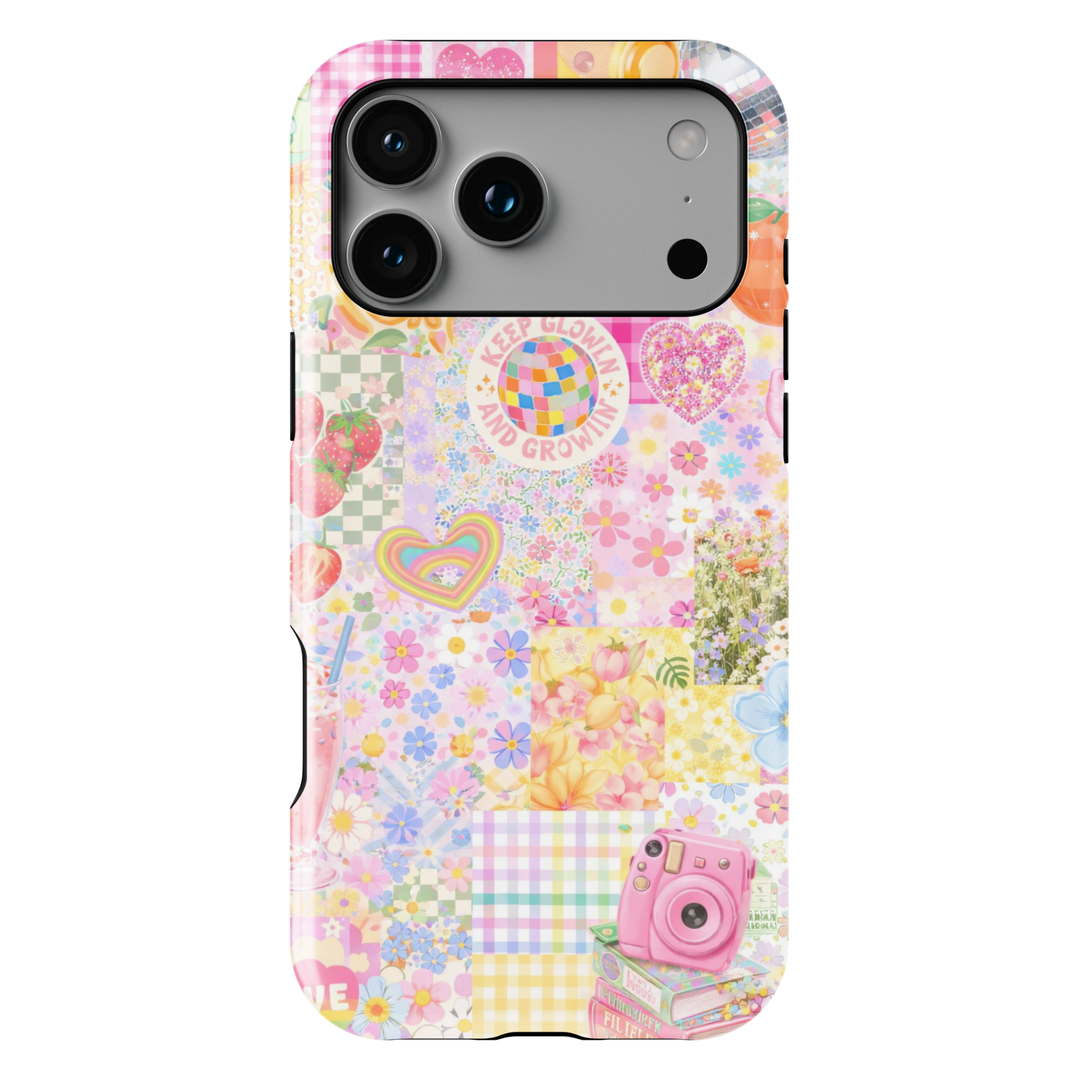 Cute pastel collage iPhone 17 case with retro flowers rainbow hearts strawberries and aesthetic patchwork protective tough case for iPhone 17 Pro Max, iPhone 17 Pro, iPhone 16 Pro Max, iPhone 16 Plus