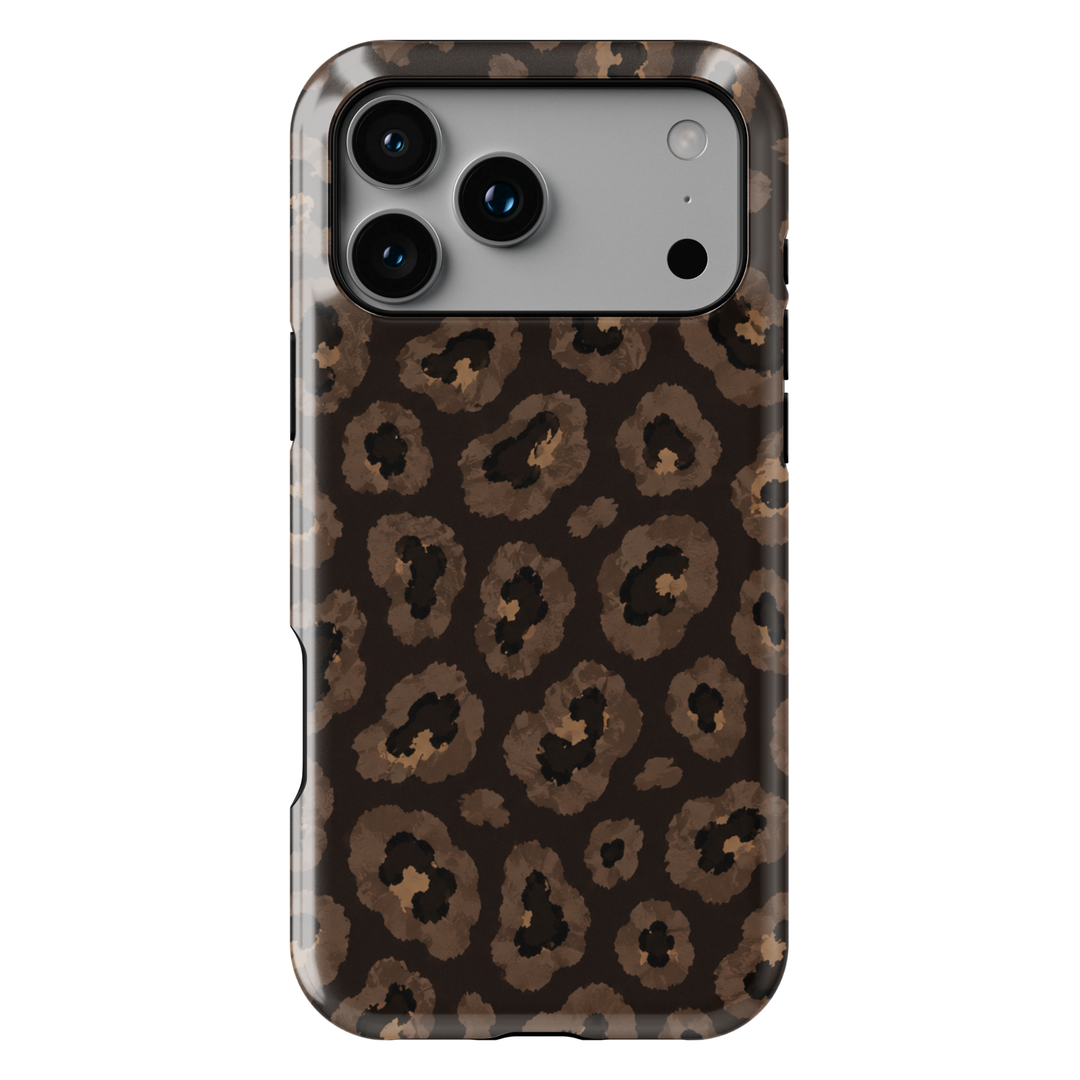 Smoky Leopard iPhone case featuring realistic taupe, brown, charcoal and black leopard animal print.