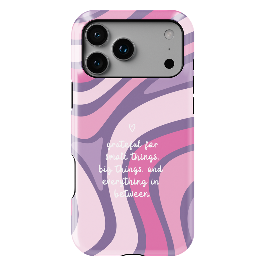 Pink purple swirl aesthetic phone case with grateful for small things big things quote, wavy pattern iPhone 16 Pro Max case, Samsung Galaxy S26 Ultra S25 Ultra cute glossy protective cover