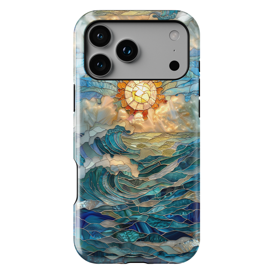 Ocean inspired stained glass art phone case with layered blue waves and golden sun on a protective iPhone and Samsung Galaxy phone case for women