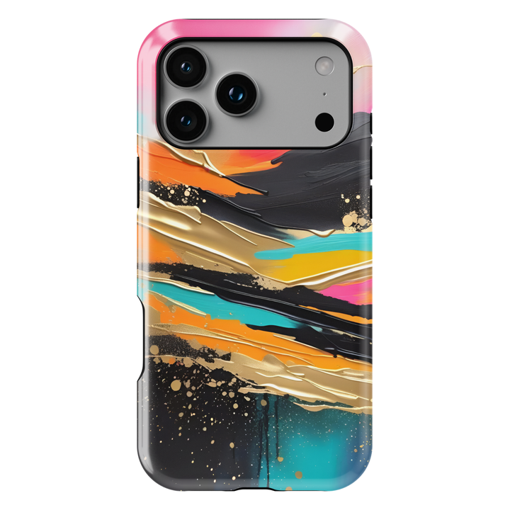 Modern landscape iPhone case featuring turquoise mountains, a reflective lake, and a colorful sunset sky.