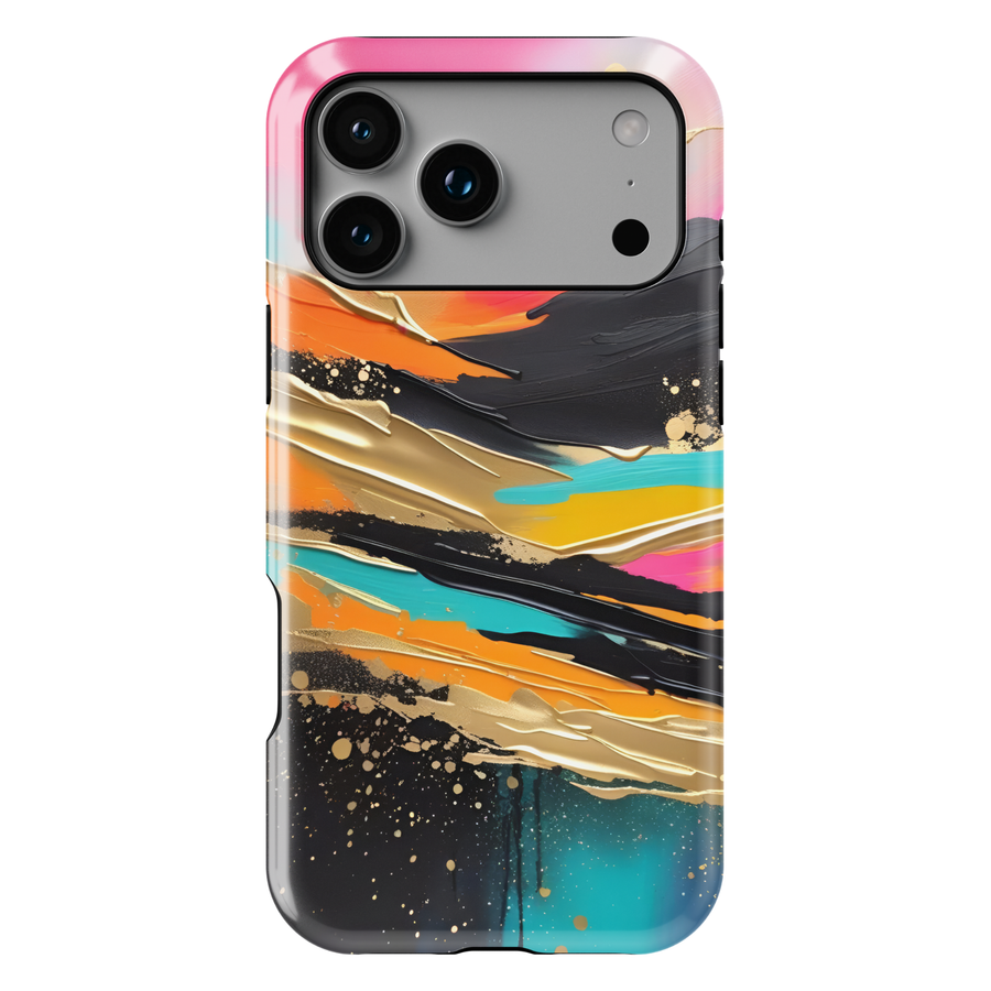 Modern landscape iPhone case featuring turquoise mountains, a reflective lake, and a colorful sunset sky.
