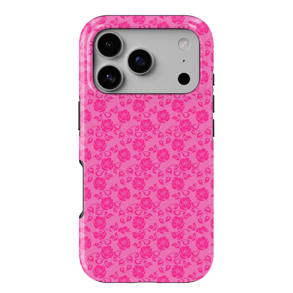 Love Language pink floral iPhone 18 Pro Max MagSafe case featuring an all-over hot pink rose and leaf pattern on a soft blush pink background, a romantic feminine tough iPhone 18 Pro phone case with vintage floral, girly coquette aesthetic and MagSafe compatibility.