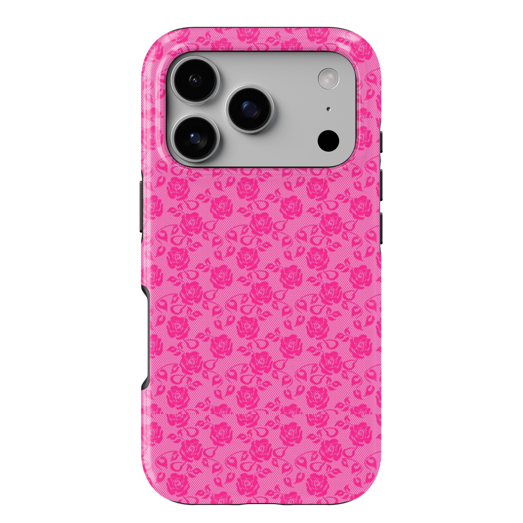 Love Language pink floral iPhone 18 Pro Max MagSafe case featuring an all-over hot pink rose and leaf pattern on a soft blush pink background, a romantic feminine tough iPhone 18 Pro phone case with vintage floral, girly coquette aesthetic and MagSafe compatibility.