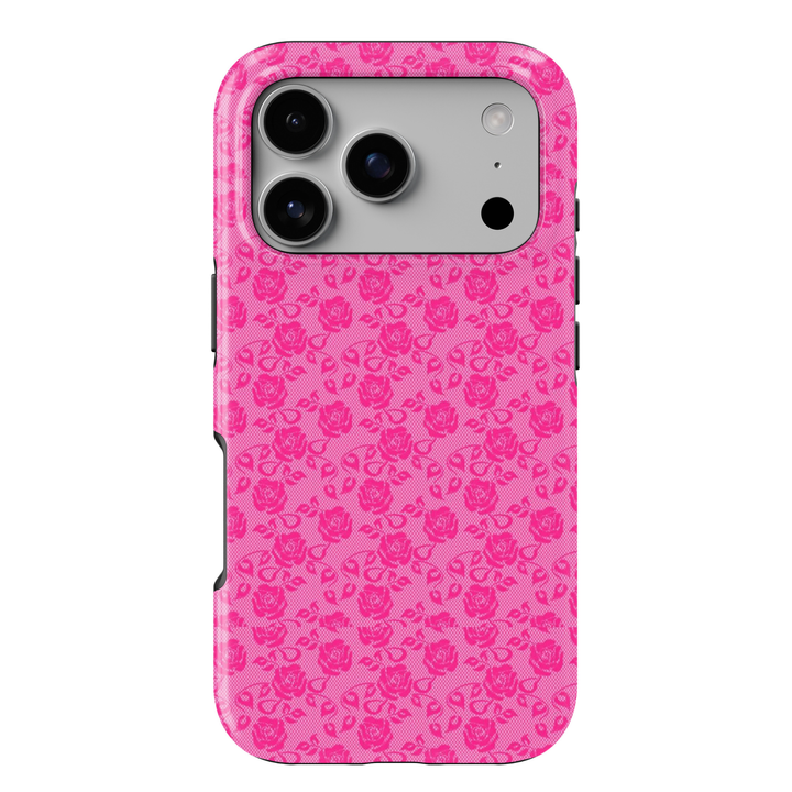 Love Language pink floral iPhone 18 Pro Max MagSafe case featuring an all-over hot pink rose and leaf pattern on a soft blush pink background, a romantic feminine tough iPhone 18 Pro phone case with vintage floral, girly coquette aesthetic and MagSafe compatibility.