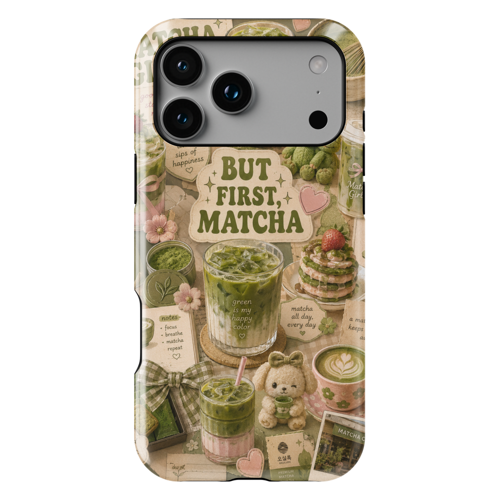 Cute matcha aesthetic iPhone 17 Pro Max case with green tea drinks, desserts, bows, and cozy cafe-inspired artwork.