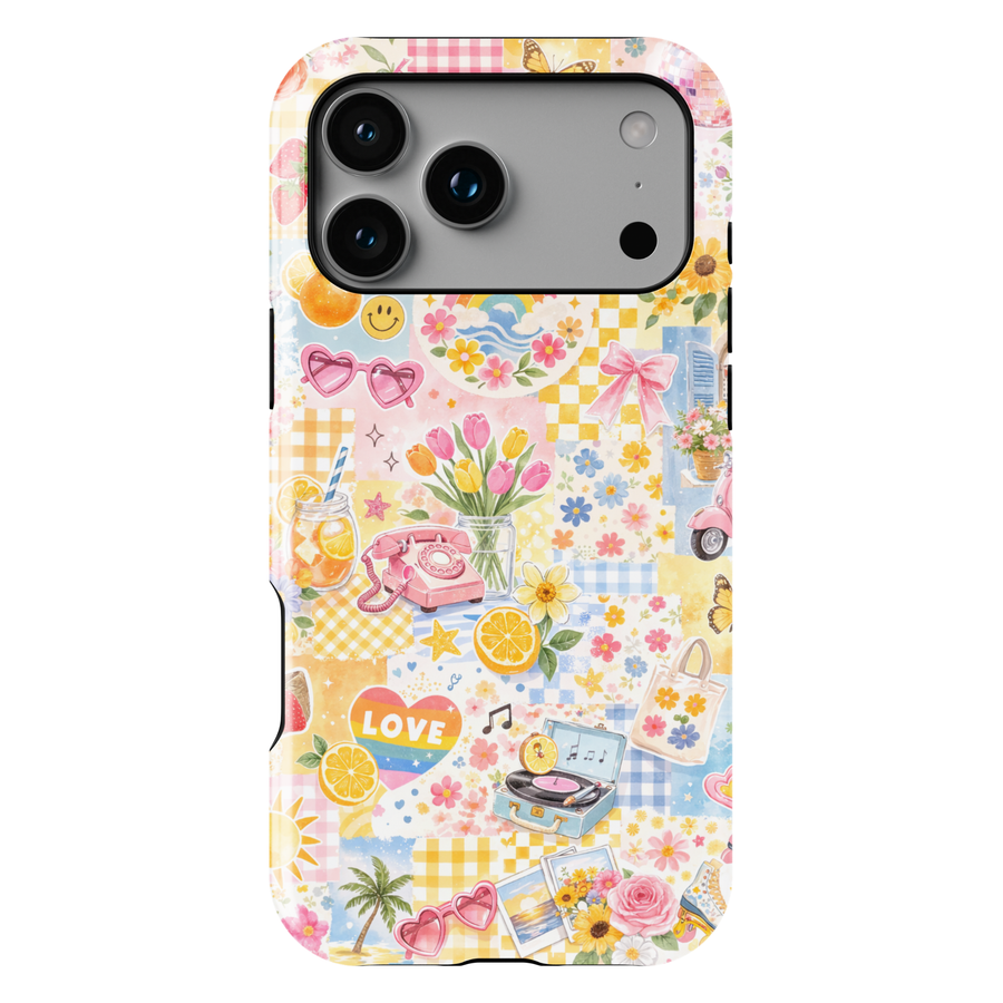 Cute retro collage iPhone 17 case with colorful summer aesthetic patchwork design, flowers, lemons and vintage stickers protective tough case for iPhone 17 Pro Max, iPhone 17 Pro, iPhone 16 Pro Max, iPhone 16 Plus