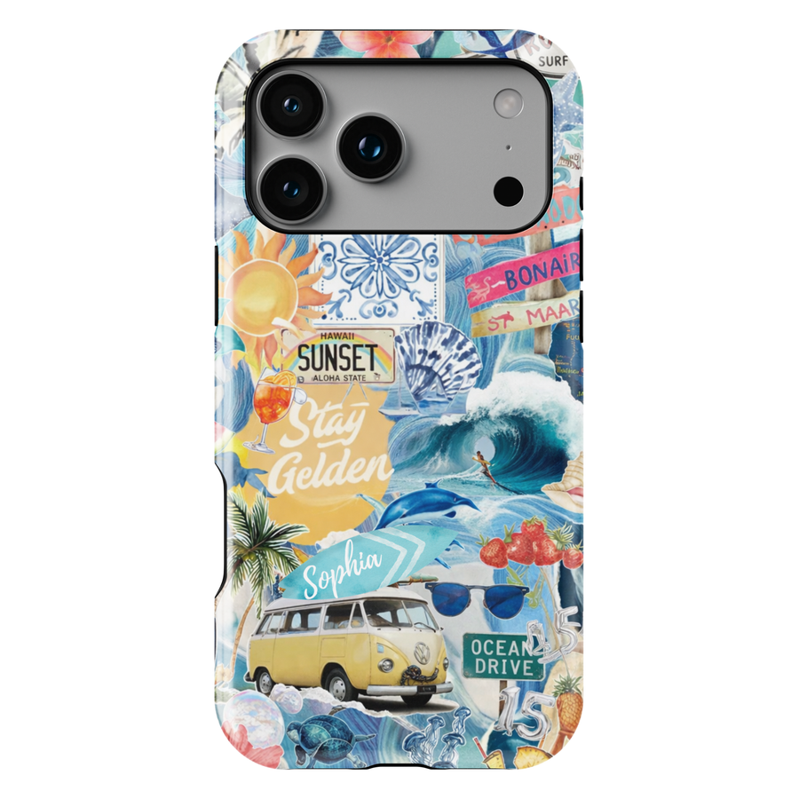 Summer beach collage phone case with ocean waves, sunset, and tropical aesthetic for iPhone 17 Pro Max and Samsung Galaxy S26 Ultra.