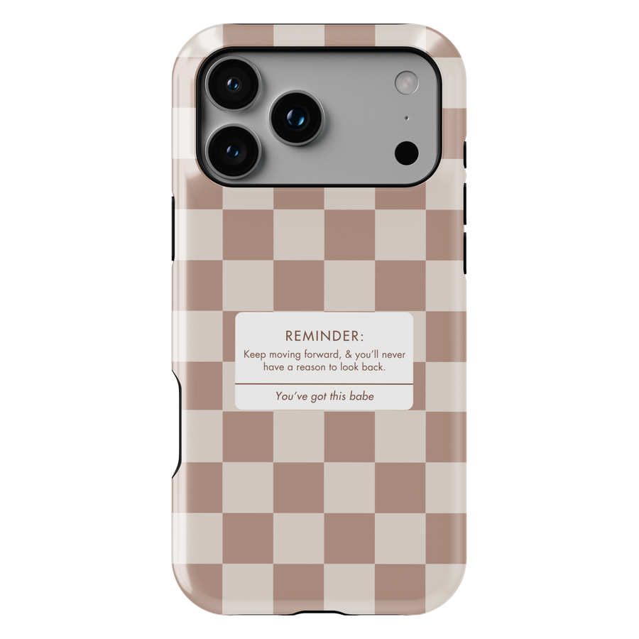 Neutral gingham aesthetic phone case with reminder quote, beige checkered minimalist iPhone 16 Pro Max case, Samsung Galaxy S26 Ultra S25 Ultra glossy protective cover