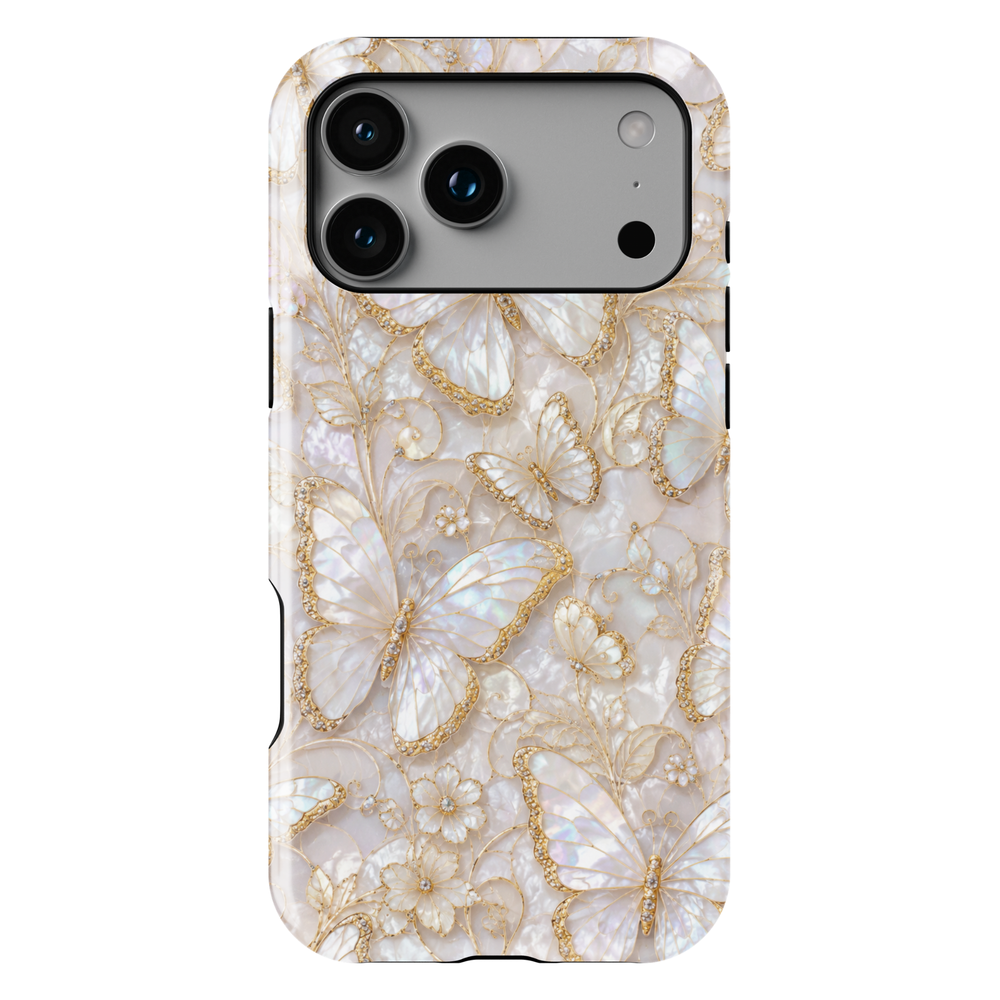 Elegant white pearl butterfly iPhone case featuring gold butterfly accents, floral details, opalescent background, and luxury feminine aesthetic.