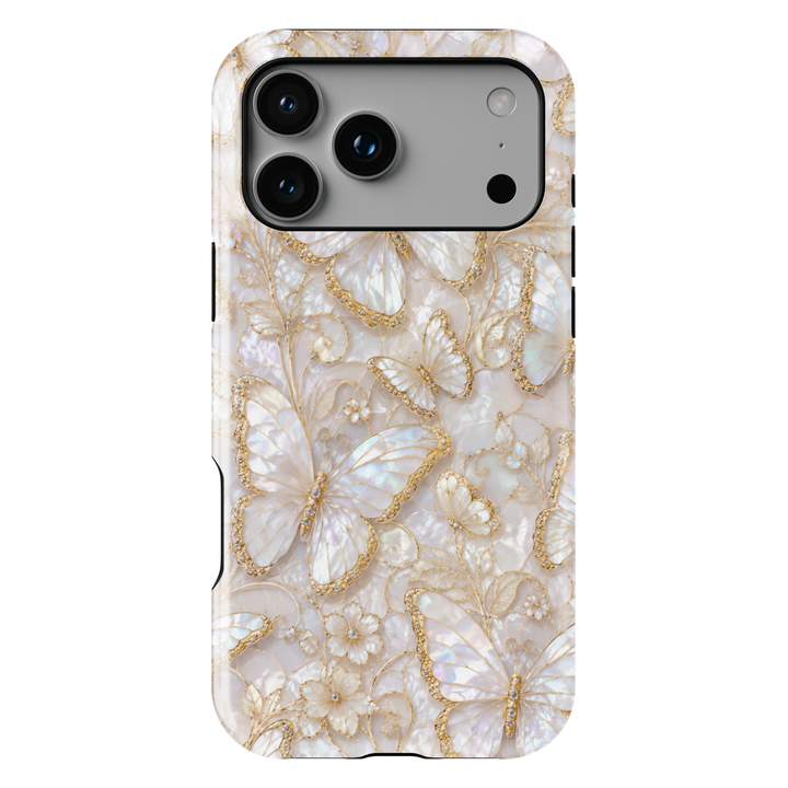 Elegant white pearl butterfly iPhone case featuring gold butterfly accents, floral details, opalescent background, and luxury feminine aesthetic.