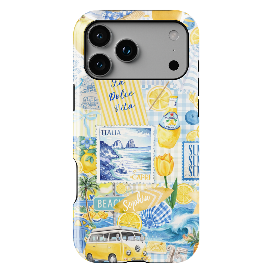 Blue coastal beach collage phone case with lighthouse and travel aesthetic for iPhone 17 Pro Max and Samsung Galaxy S26 Ultra.