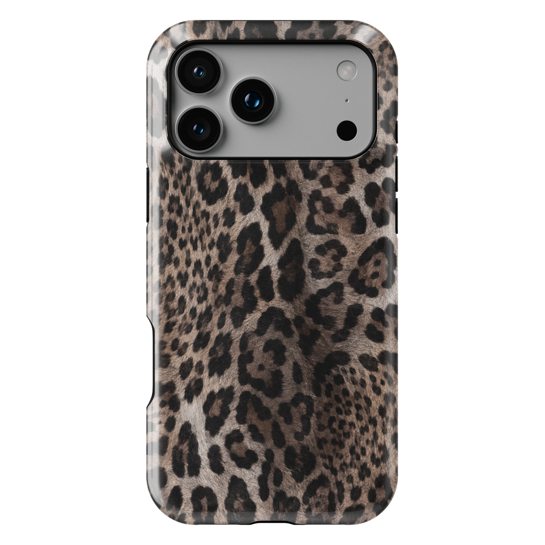 Smoky Leopard iPhone case featuring realistic taupe, brown, charcoal and black leopard animal print.