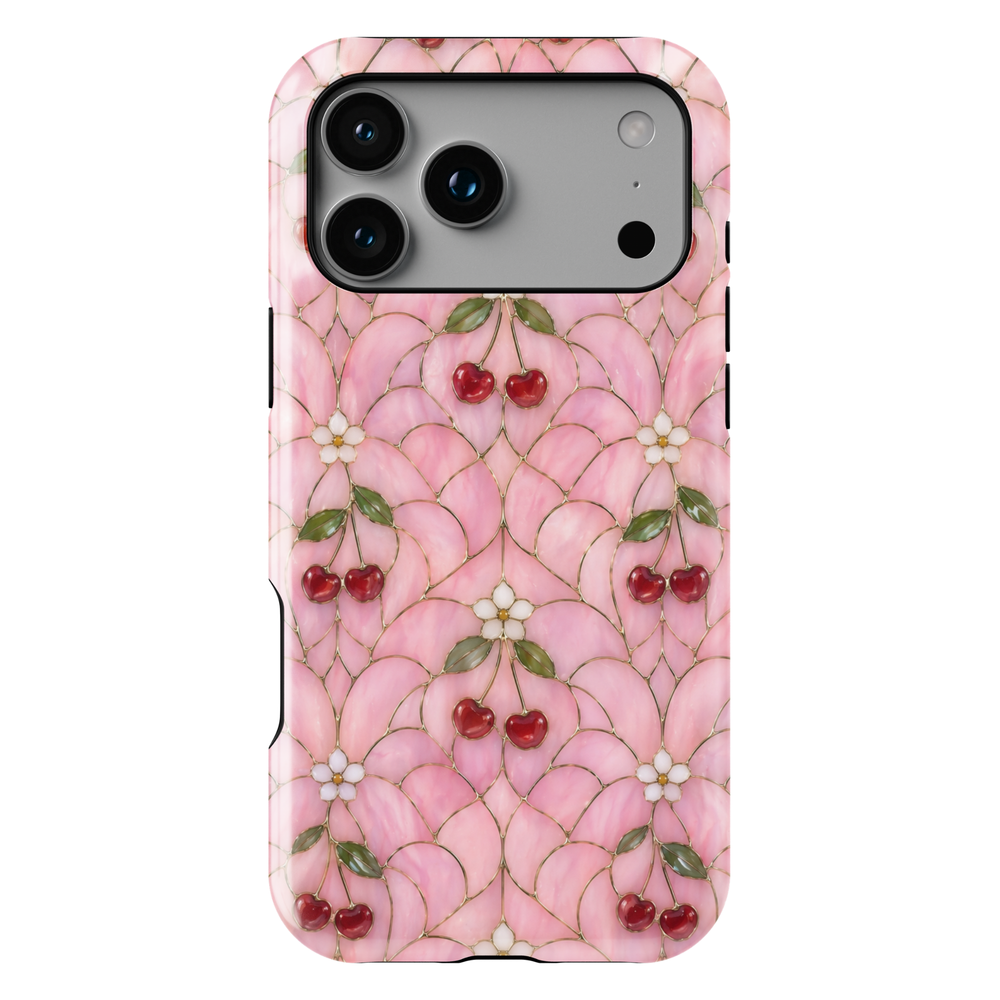 Pink cherry floral iPhone 17 Pro Max case with glossy red cherries and soft stained-glass aesthetic design.