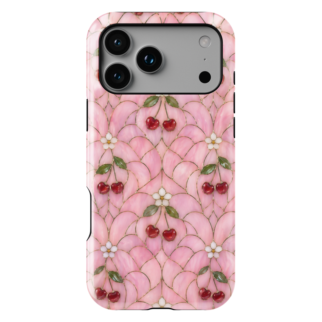 Pink cherry floral iPhone 17 Pro Max case with glossy red cherries and soft stained-glass aesthetic design.