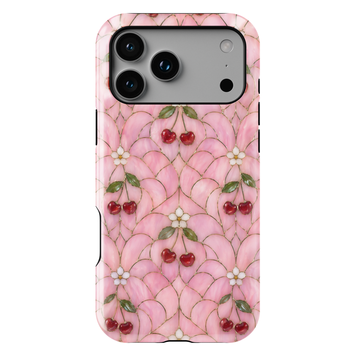 Pink cherry floral iPhone 17 Pro Max case with glossy red cherries and soft stained-glass aesthetic design.