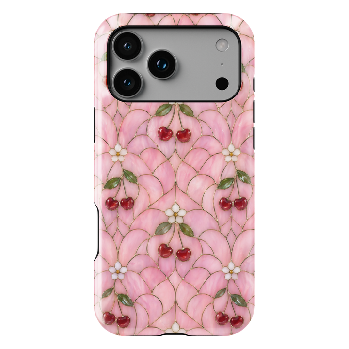 Pink cherry floral iPhone 17 Pro Max case with glossy red cherries and soft stained-glass aesthetic design.