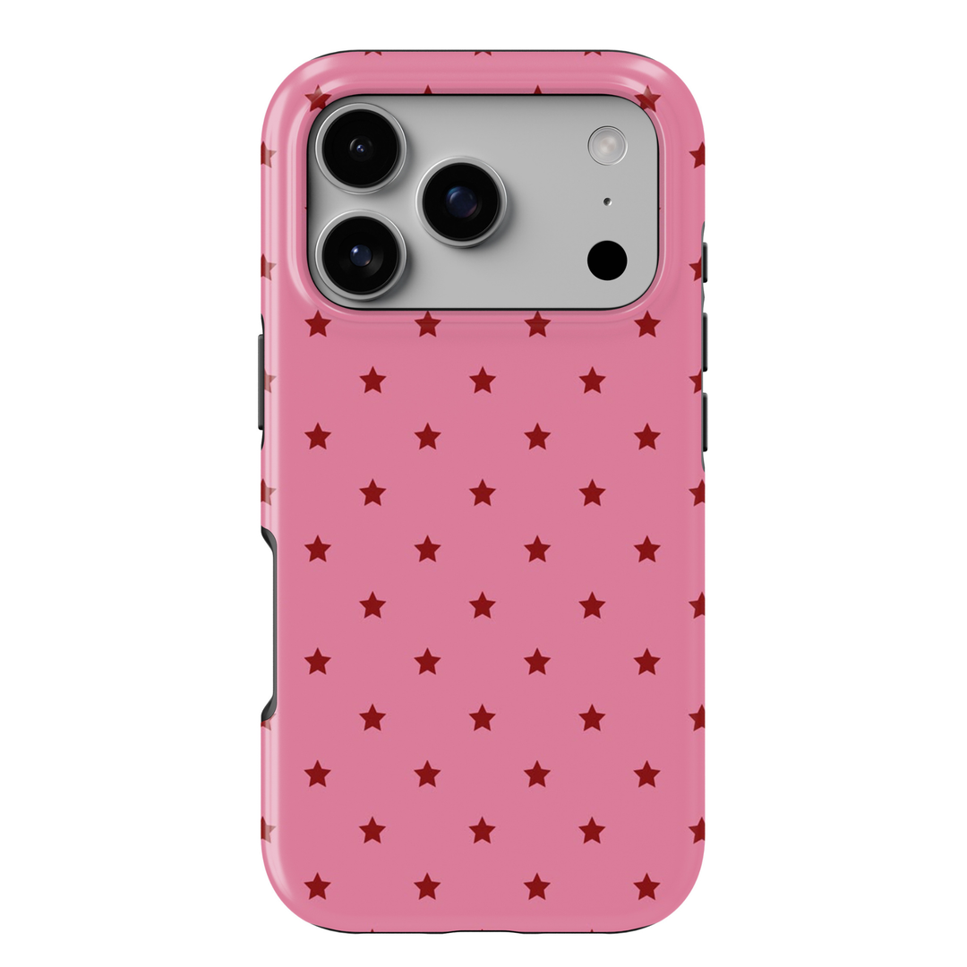 Starstruck pink iPhone 18 Pro Max MagSafe case with repeating deep red stars on a bubblegum pink background, a cute girly protective tough iPhone 18 Pro phone case featuring a minimalist celestial star pattern, pink and red aesthetic design and MagSafe compatibility.