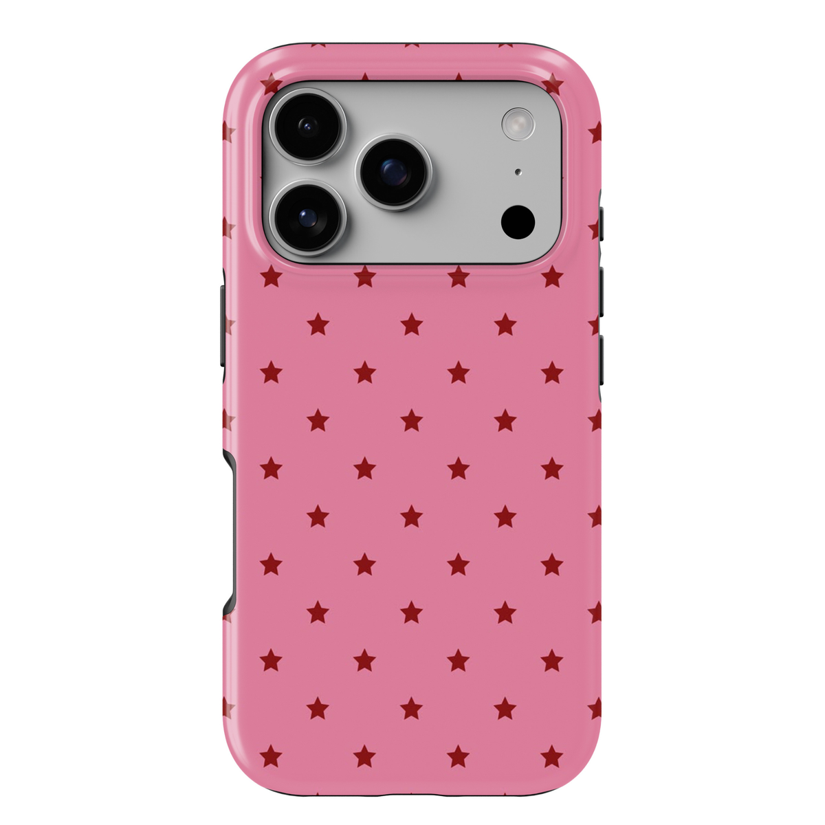 Starstruck pink iPhone 18 Pro Max MagSafe case with repeating deep red stars on a bubblegum pink background, a cute girly protective tough iPhone 18 Pro phone case featuring a minimalist celestial star pattern, pink and red aesthetic design and MagSafe compatibility.