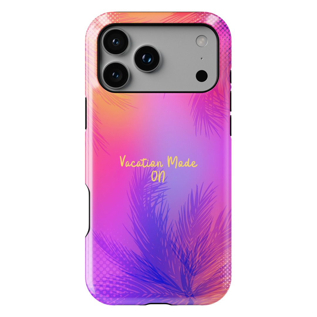 Tropical sunset aesthetic phone case with vacation mode on quote, palm tree gradient pink purple orange iPhone 16 Pro Max case, Samsung Galaxy S26 Ultra S25 Ultra summer glossy protective cover
