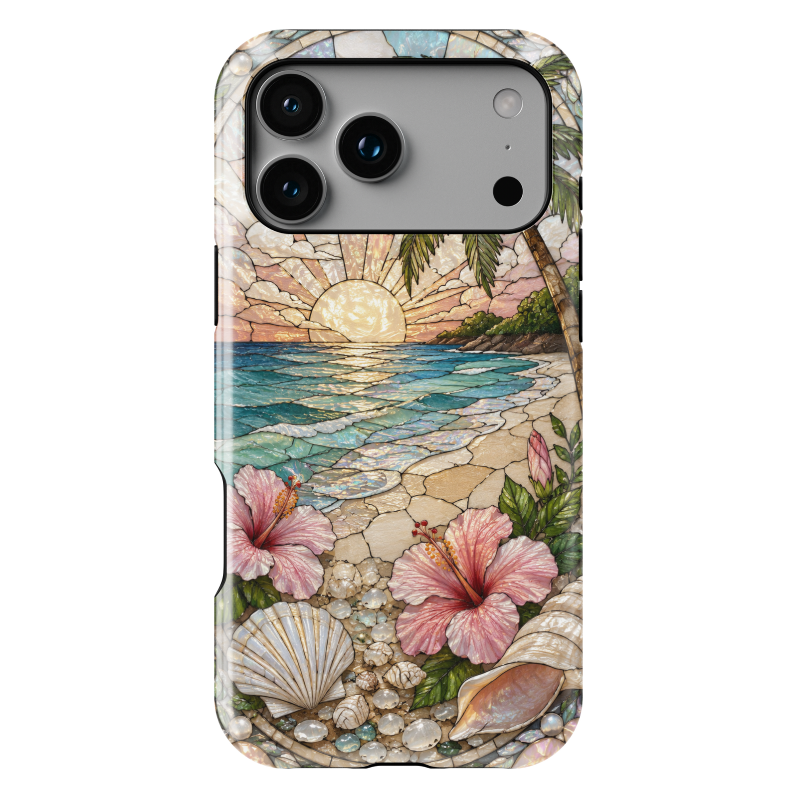 Tropical beach sunset iPhone 17 Pro Max case with hibiscus flowers, seashells, ocean waves, and pearl-inspired details.