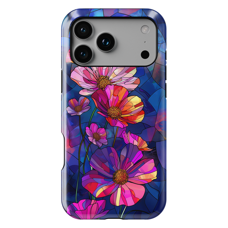 Stained glass style wildflower iPhone tough case with vibrant pink, purple, and orange flowers on deep blue background