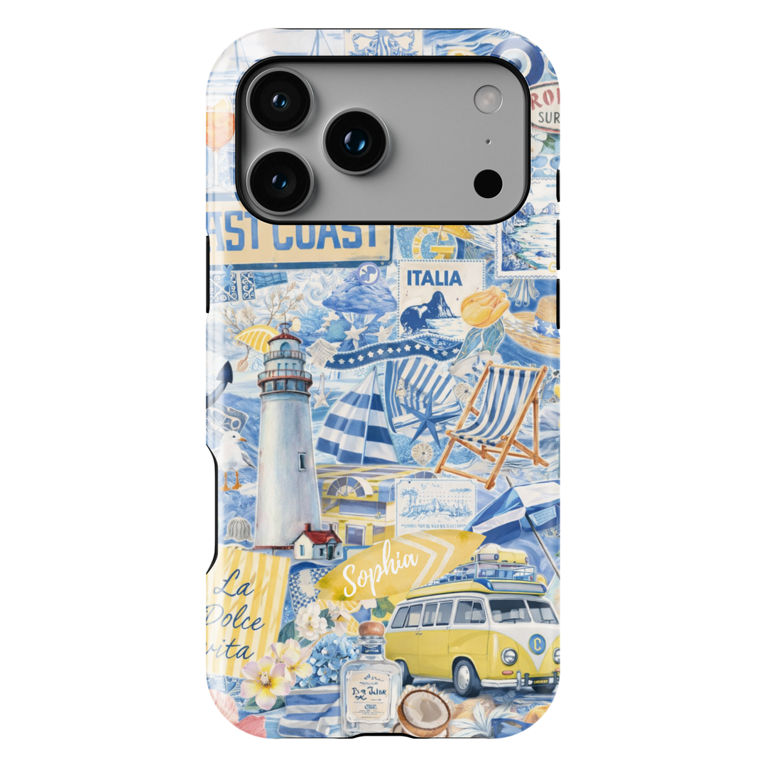 Blue coastal beach collage phone case with lighthouse and travel aesthetic for iPhone 17 Pro Max and Samsung Galaxy S26 Ultra.