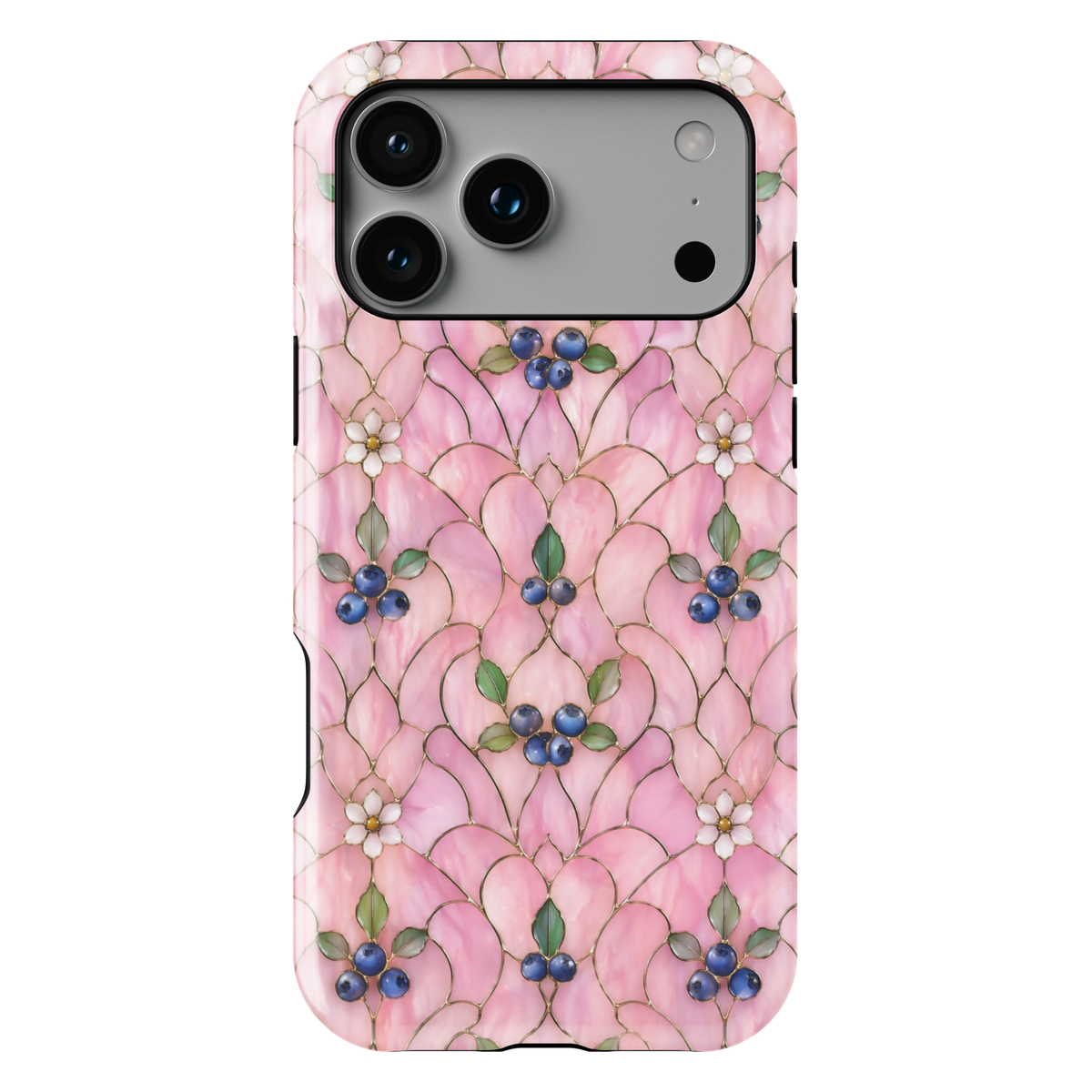 Pink floral iPhone 17 Pro Max case with delicate blossoms and blueberry accents in a soft aesthetic design.